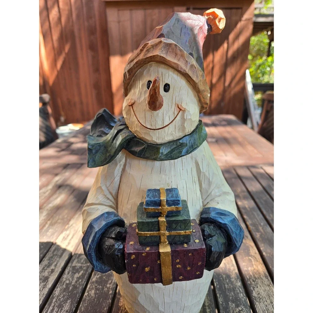 Vintage Faux Carved Wood Resin Snowman Figurine Holding Presents